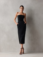 Strapless fitted midi cocktail dress with waistband, side pockets and front slit - view 3