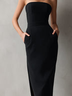 Strapless fitted midi cocktail dress with waistband, side pockets and front slit - view 4