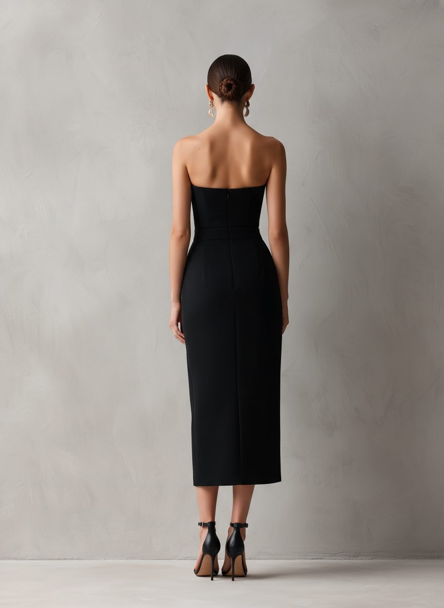 Strapless fitted midi cocktail dress with waistband, side pockets and front slit - view 5