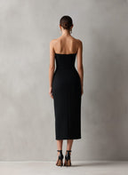 Strapless fitted midi cocktail dress with waistband, side pockets and front slit - view 5