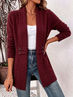 Womens shawl cardigan in heathered knit with button tab waist detail, worn open over a white tank and jeans - view 11