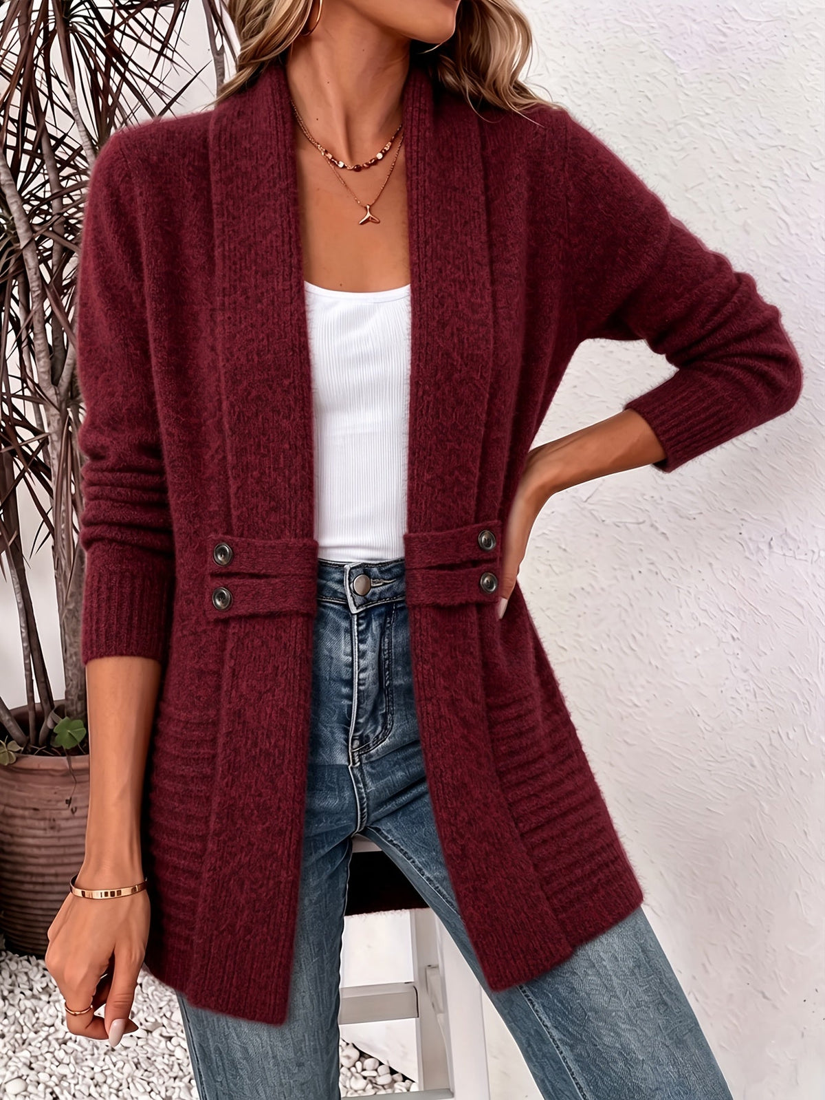 Womens shawl cardigan in heathered knit with button tab waist detail, worn open over a white tank and jeans - view 11