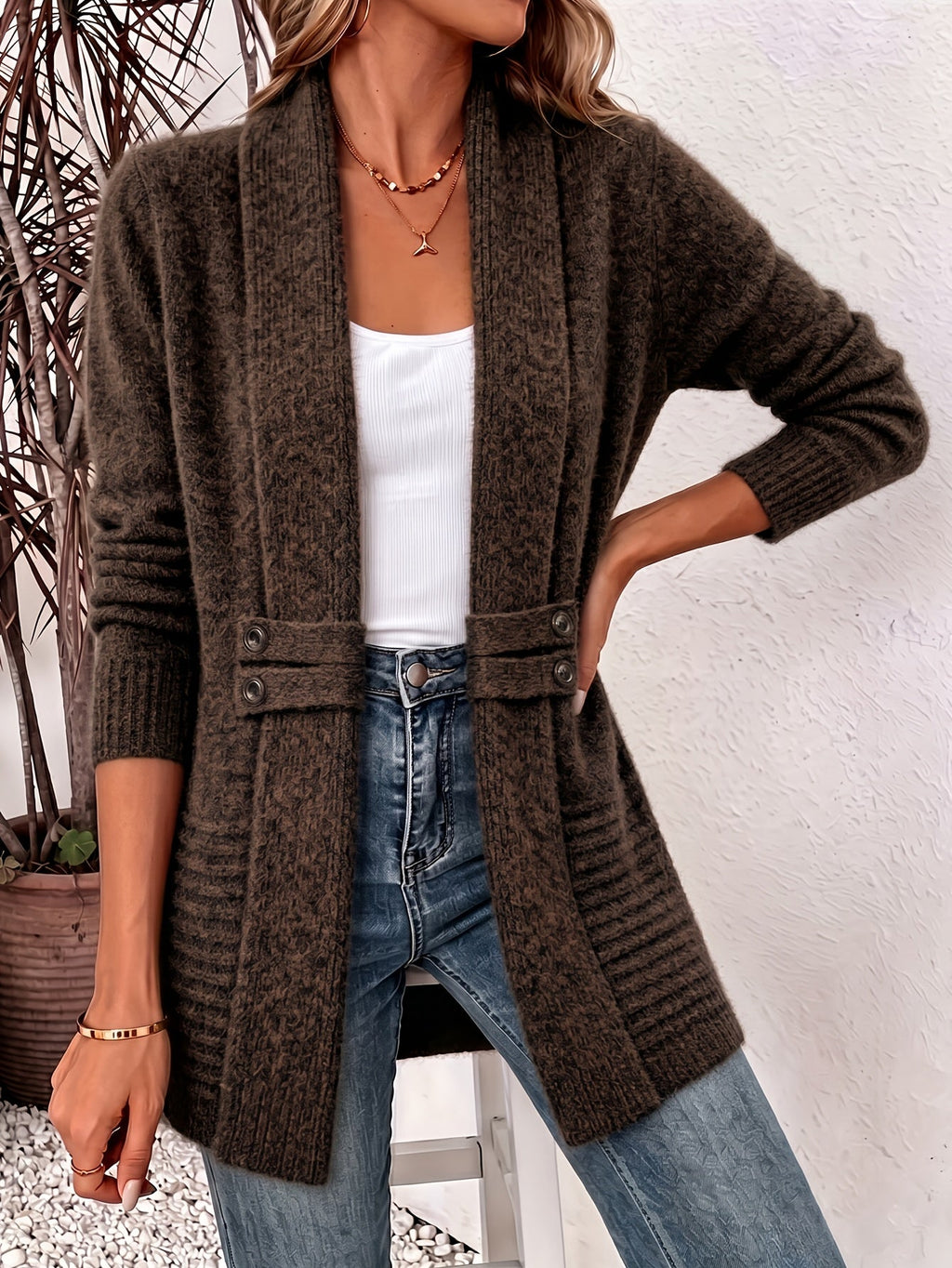 Womens shawl cardigan in heathered knit with button tab waist detail, worn open over a white tank and jeans - view 12