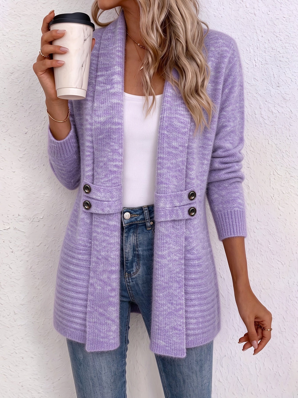 Womens shawl cardigan in heathered knit with button tab waist detail, worn open over a white tank and jeans - view 13