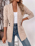 Womens shawl cardigan in heathered knit with button tab waist detail, worn open over a white tank and jeans - view 14