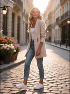 Womens shawl cardigan in heathered knit with button tab waist detail, worn open over a white tank and jeans - view 15
