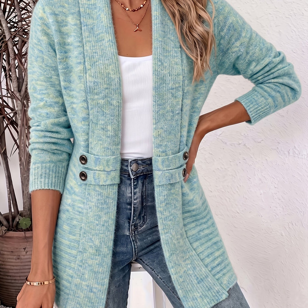 Womens shawl cardigan in heathered knit with button tab waist detail, worn open over a white tank and jeans - view 16