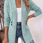 Womens shawl cardigan in heathered knit with button tab waist detail, worn open over a white tank and jeans - view 16