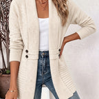 Womens shawl cardigan in heathered knit with button tab waist detail, worn open over a white tank and jeans - view 2
