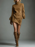 Women's long sleeve turtleneck mini dress in brown faux suede