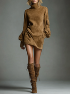 Women's long sleeve turtleneck mini dress in brown faux suede