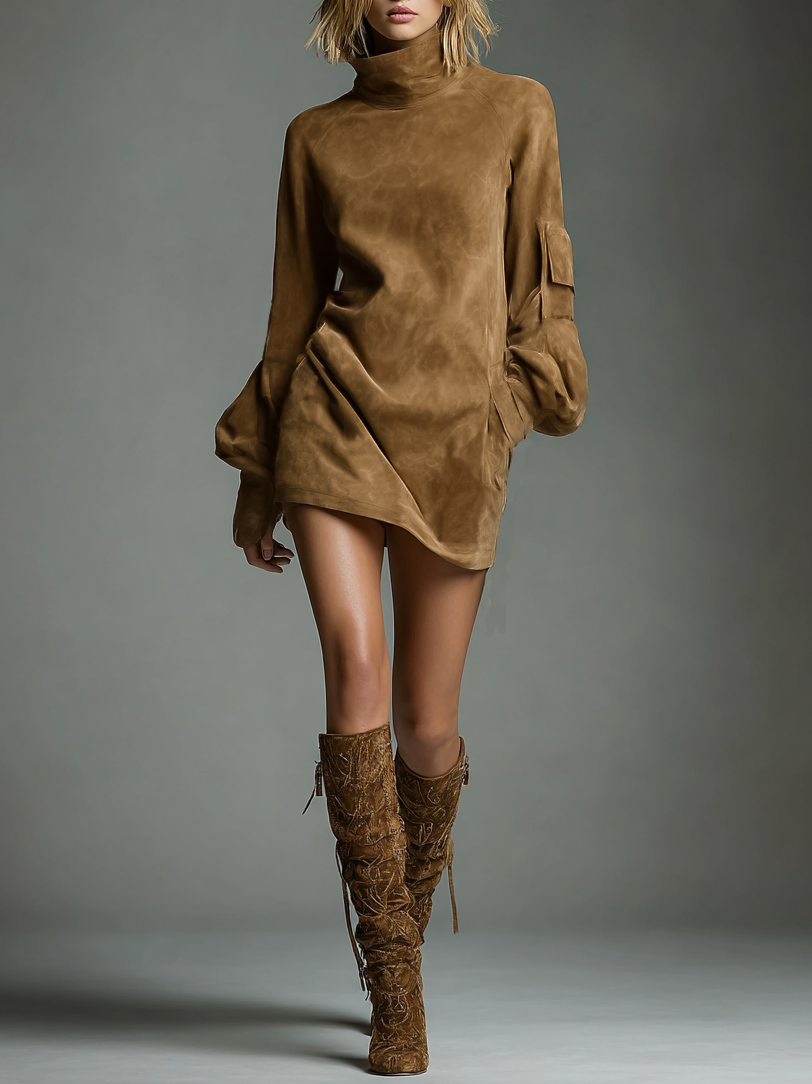 Women's long sleeve turtleneck mini dress in brown faux suede