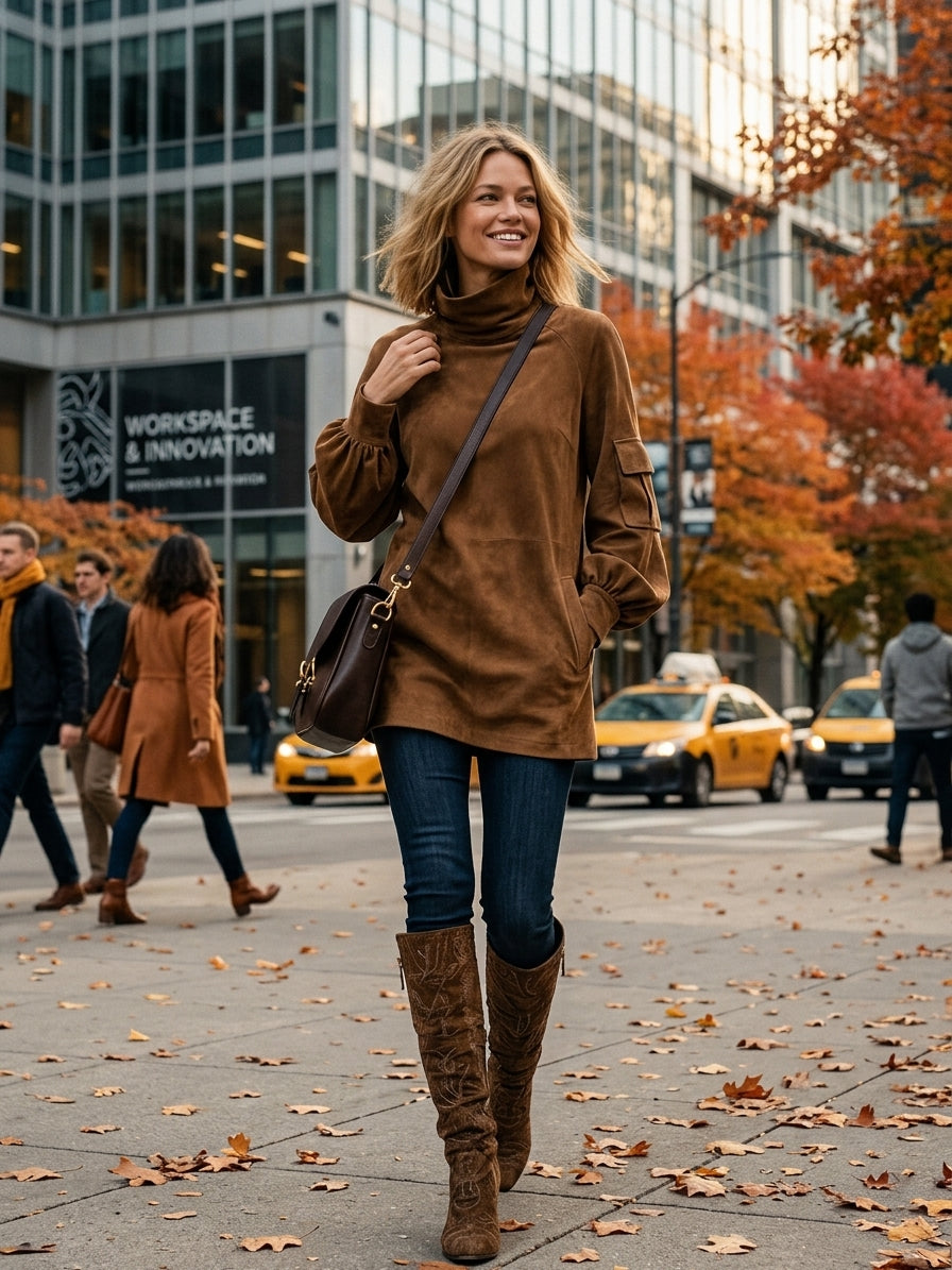 Women's long sleeve turtleneck mini dress in brown faux suede - view 3
