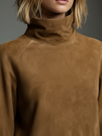 Women's long sleeve turtleneck mini dress in brown faux suede - view 4