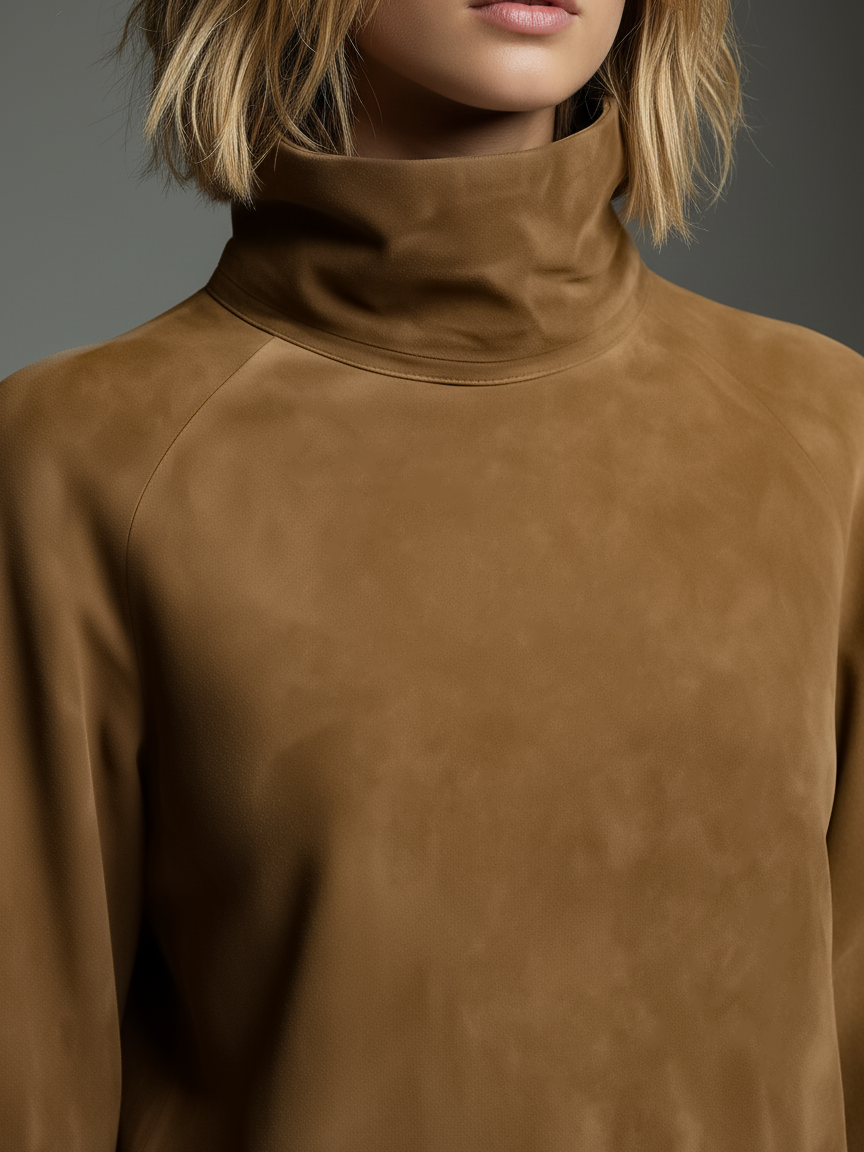 Women's long sleeve turtleneck mini dress in brown faux suede - view 4