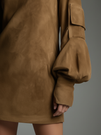 Women's long sleeve turtleneck mini dress in brown faux suede - view 5