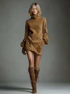 Women's long sleeve turtleneck mini dress in brown faux suede - view 6