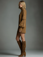 Women's long sleeve turtleneck mini dress in brown faux suede - view 7