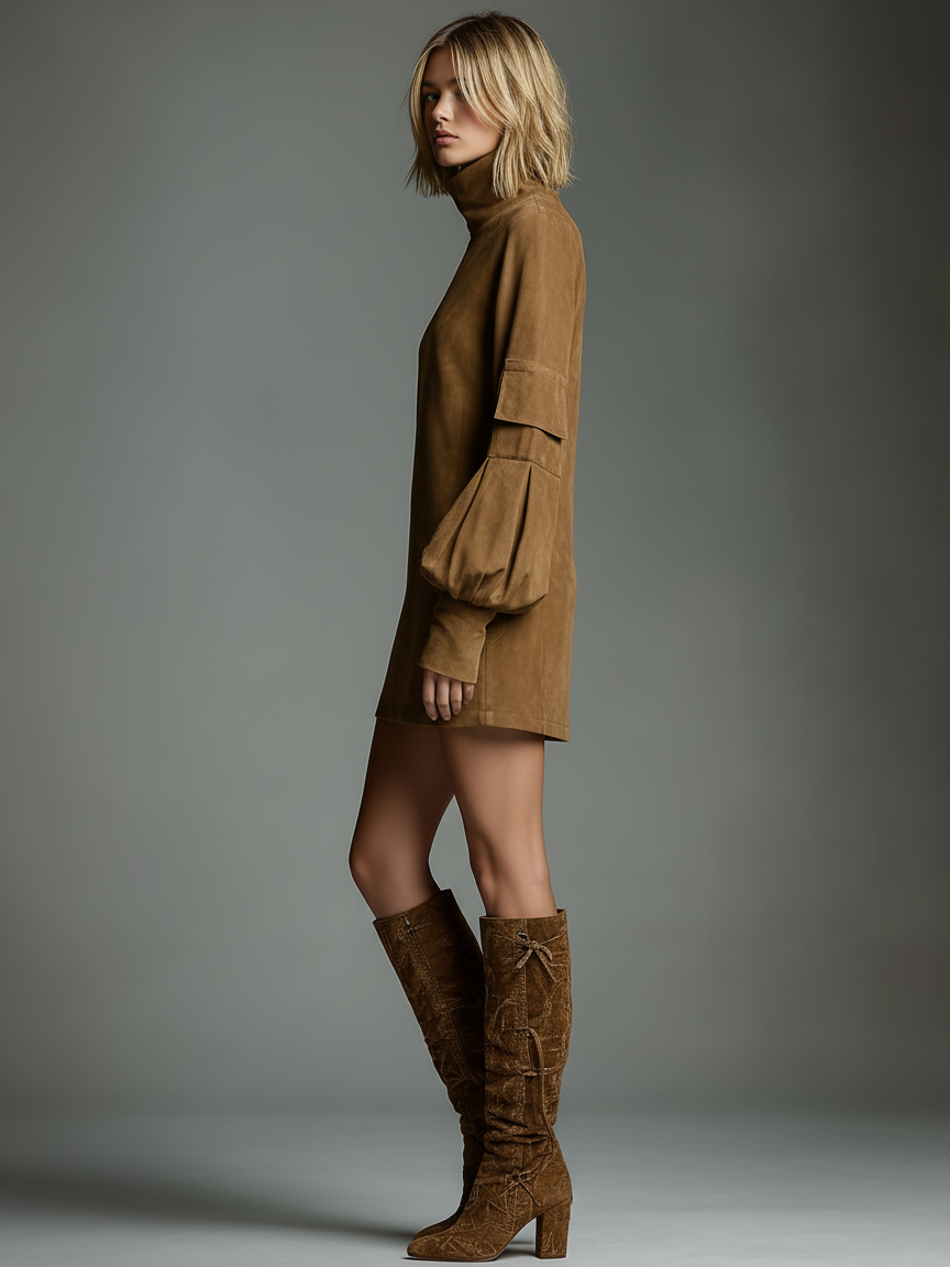Women's long sleeve turtleneck mini dress in brown faux suede - view 7