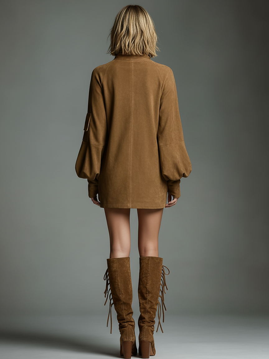 Women's long sleeve turtleneck mini dress in brown faux suede - view 8