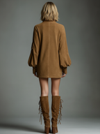 Women's long sleeve turtleneck mini dress in brown faux suede - view 8