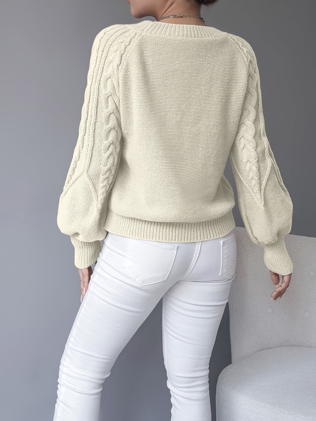 Women's khaki cable knit crew neck sweater with lantern sleeves - view 10