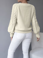 Women's khaki cable knit crew neck sweater with lantern sleeves - view 10