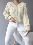 Women's khaki cable knit crew neck sweater with lantern sleeves - view 11