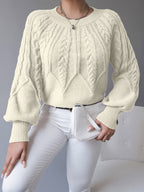 Women's khaki cable knit crew neck sweater with lantern sleeves - view 12