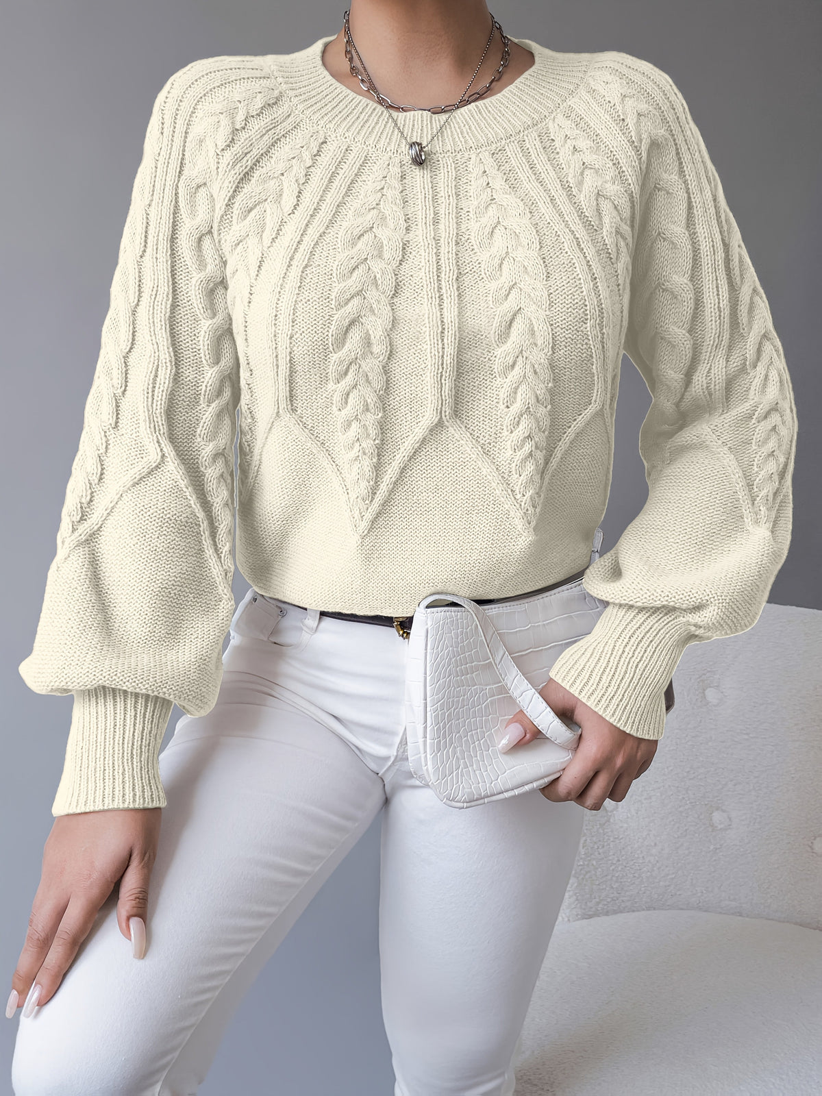 Women's khaki cable knit crew neck sweater with lantern sleeves - view 12