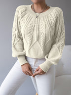 Women's khaki cable knit crew neck sweater with lantern sleeves - view 13