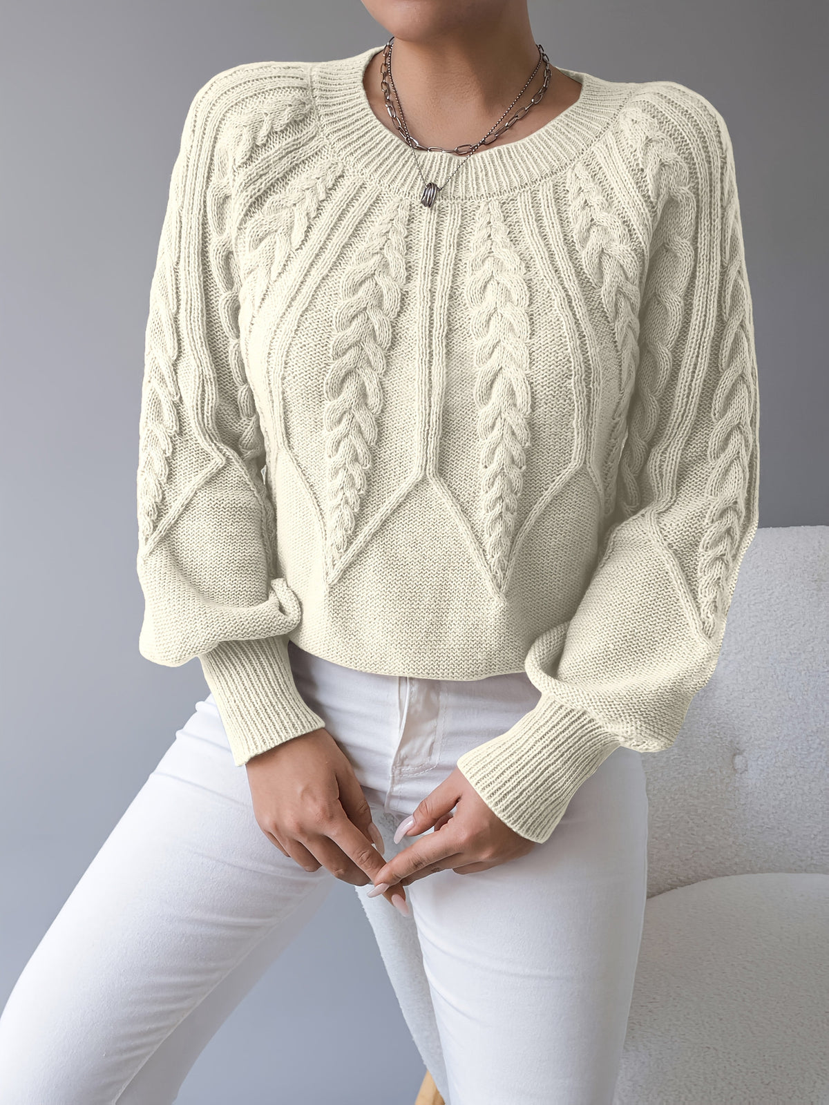 Women's khaki cable knit crew neck sweater with lantern sleeves - view 13