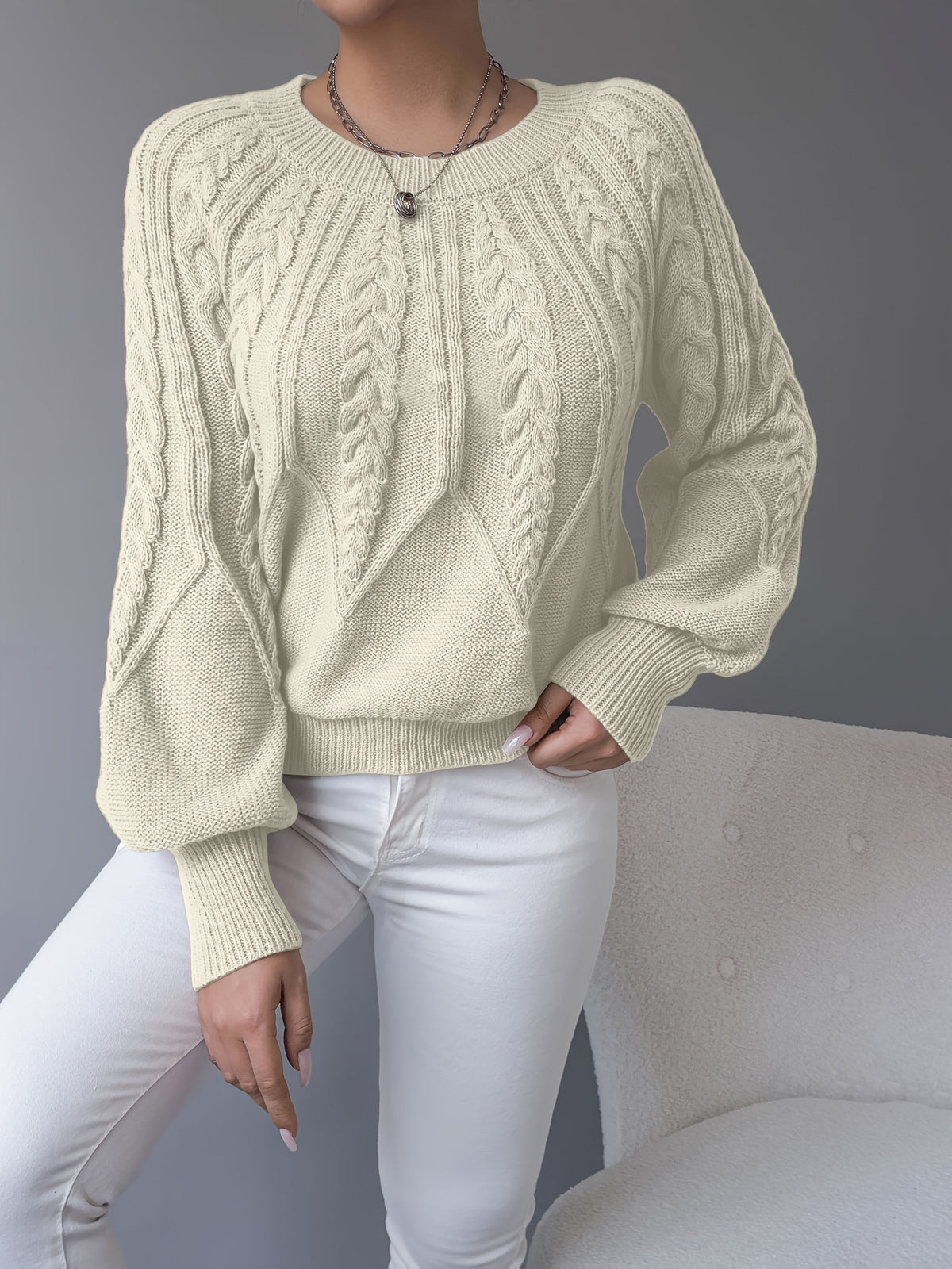 Women's khaki cable knit crew neck sweater with lantern sleeves - view 14