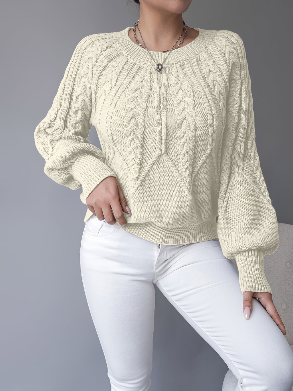 Women's khaki cable knit crew neck sweater with lantern sleeves - view 16
