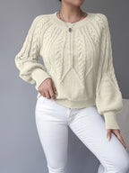 Women's khaki cable knit crew neck sweater with lantern sleeves - view 16
