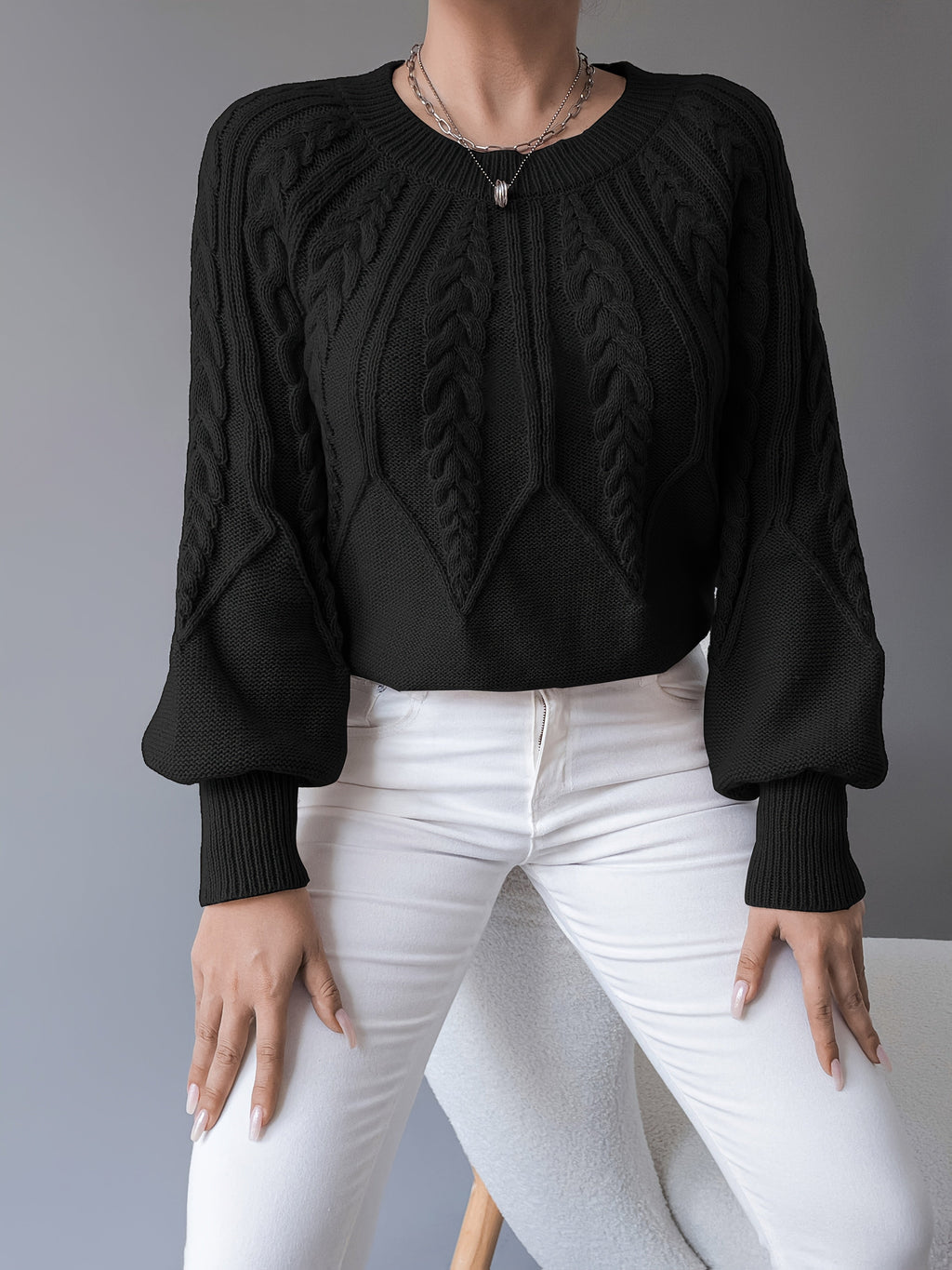 Women's khaki cable knit crew neck sweater with lantern sleeves - view 18