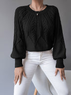 Women's khaki cable knit crew neck sweater with lantern sleeves - view 18