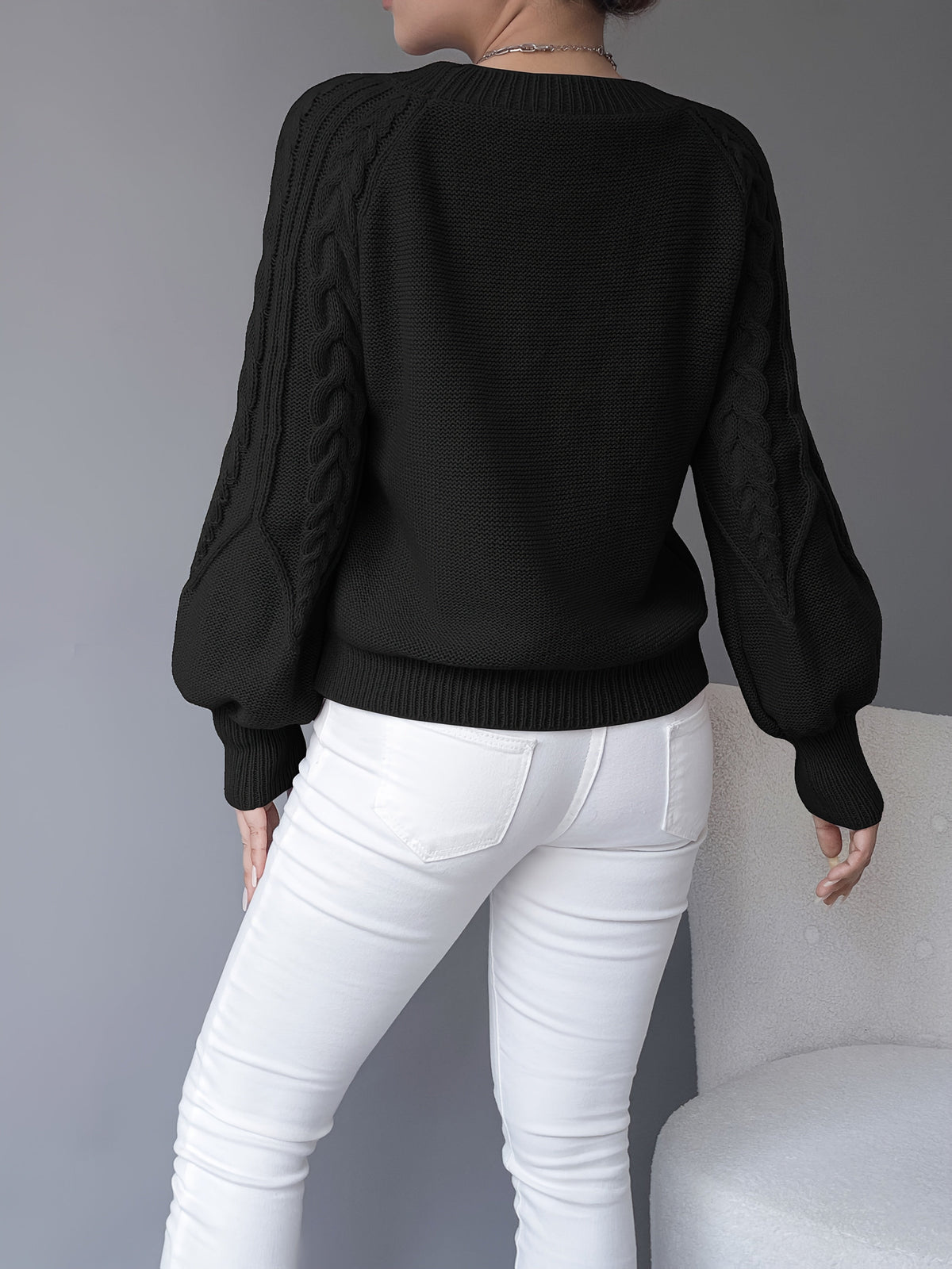 Women's khaki cable knit crew neck sweater with lantern sleeves - view 19