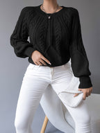 Women's khaki cable knit crew neck sweater with lantern sleeves - view 20