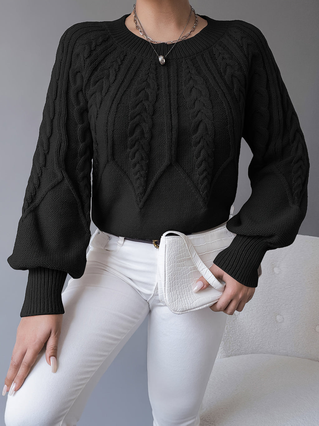 Women's khaki cable knit crew neck sweater with lantern sleeves - view 21