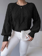 Women's khaki cable knit crew neck sweater with lantern sleeves - view 21