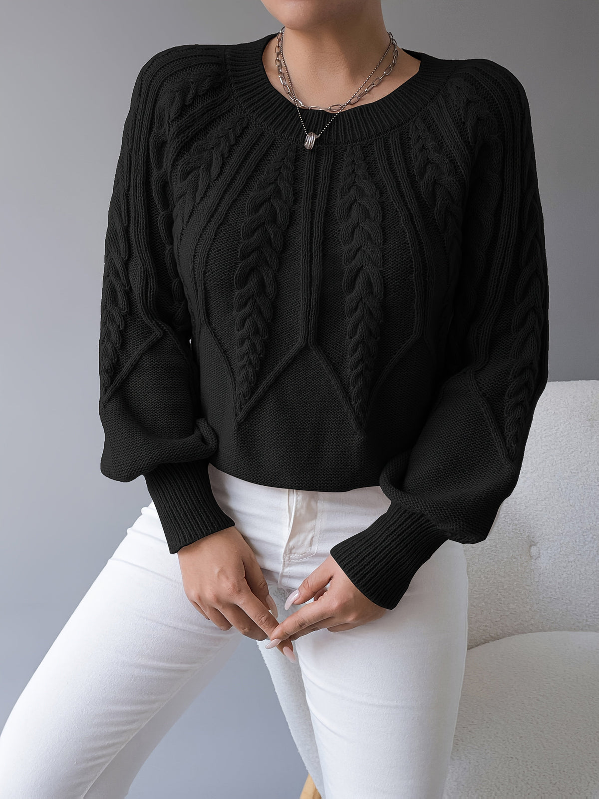Women's khaki cable knit crew neck sweater with lantern sleeves - view 22