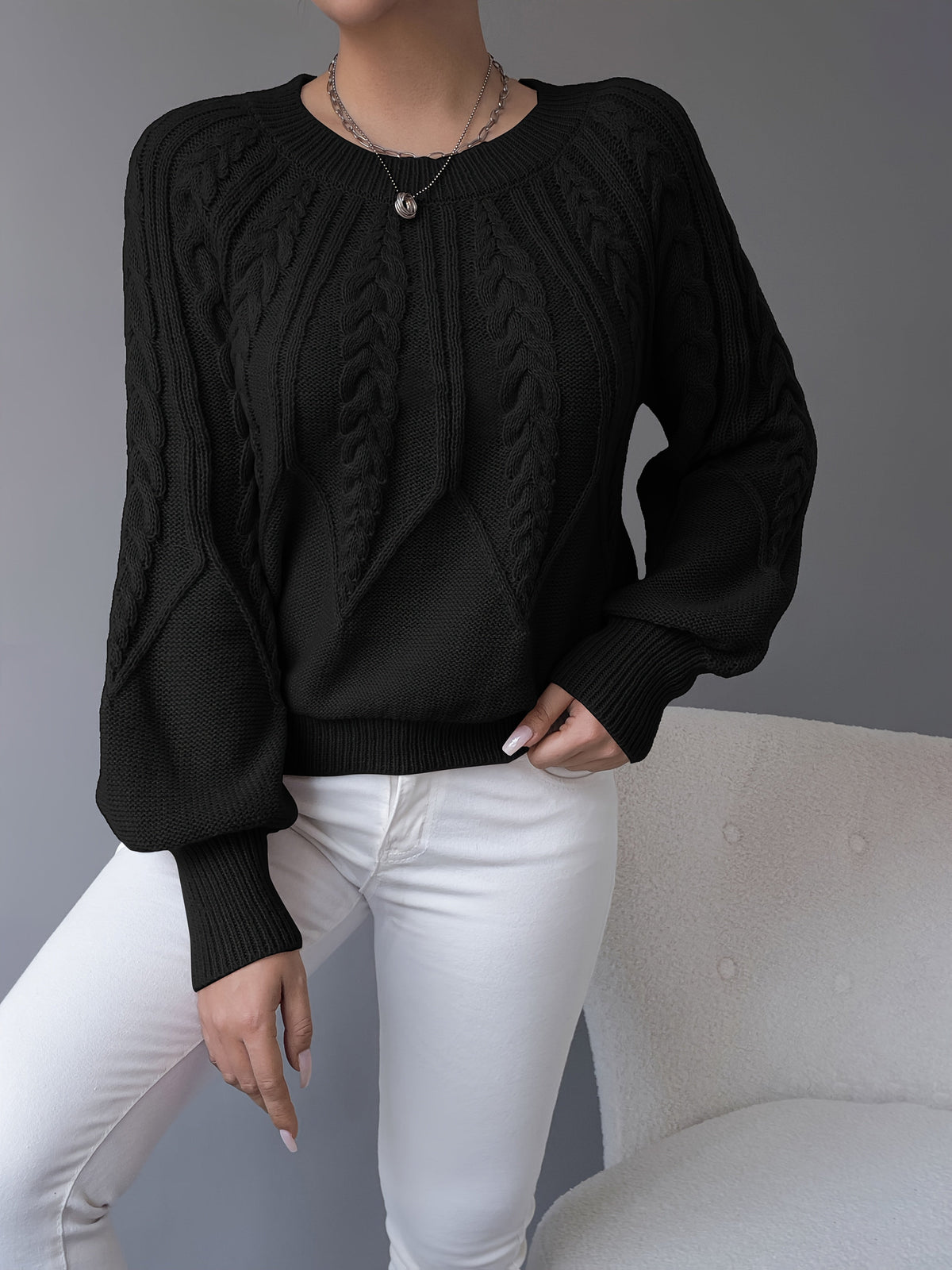 Women's khaki cable knit crew neck sweater with lantern sleeves - view 23