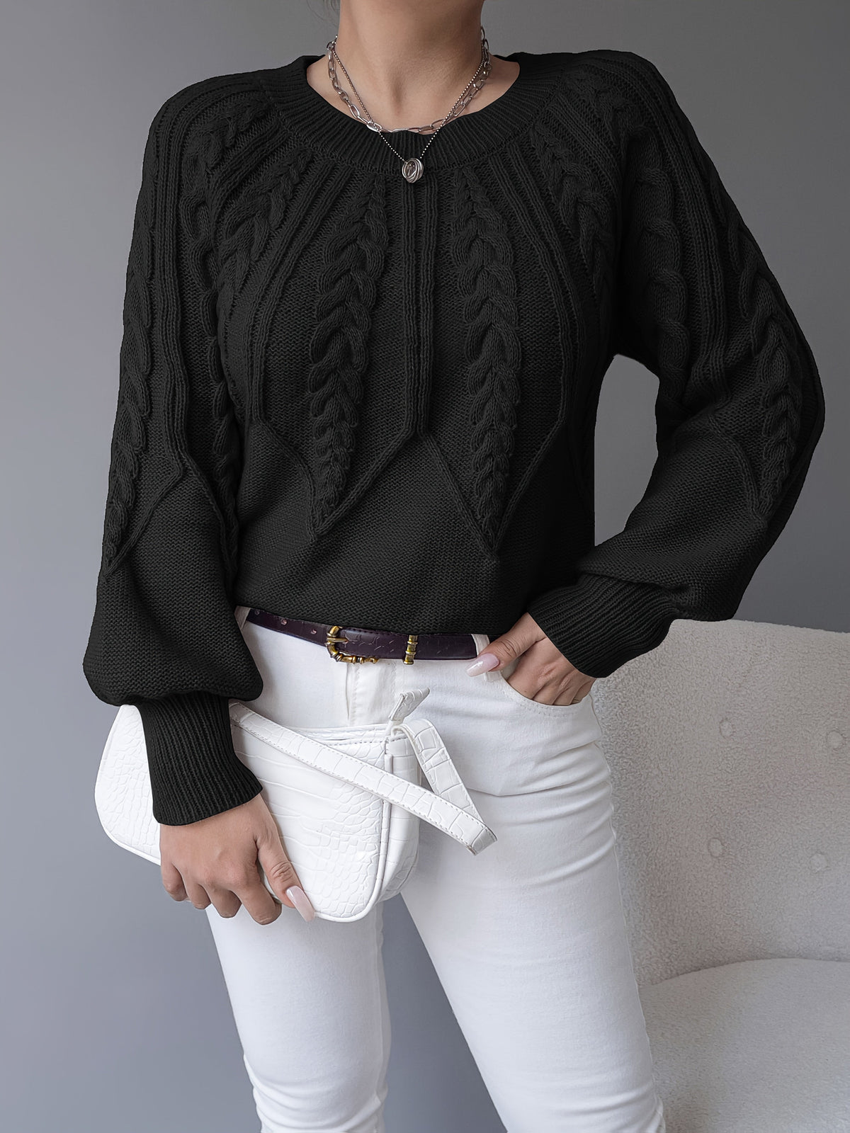 Women's khaki cable knit crew neck sweater with lantern sleeves - view 24