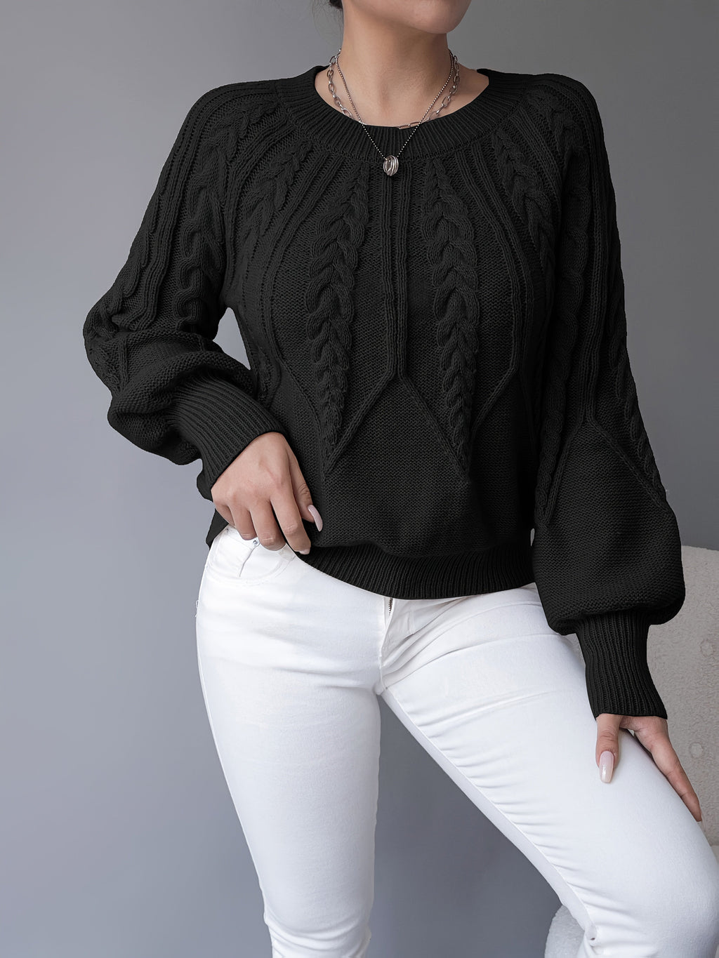 Women's khaki cable knit crew neck sweater with lantern sleeves - view 25