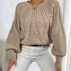 Women's khaki cable knit crew neck sweater with lantern sleeves - view 26