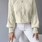 Women's khaki cable knit crew neck sweater with lantern sleeves - view 27