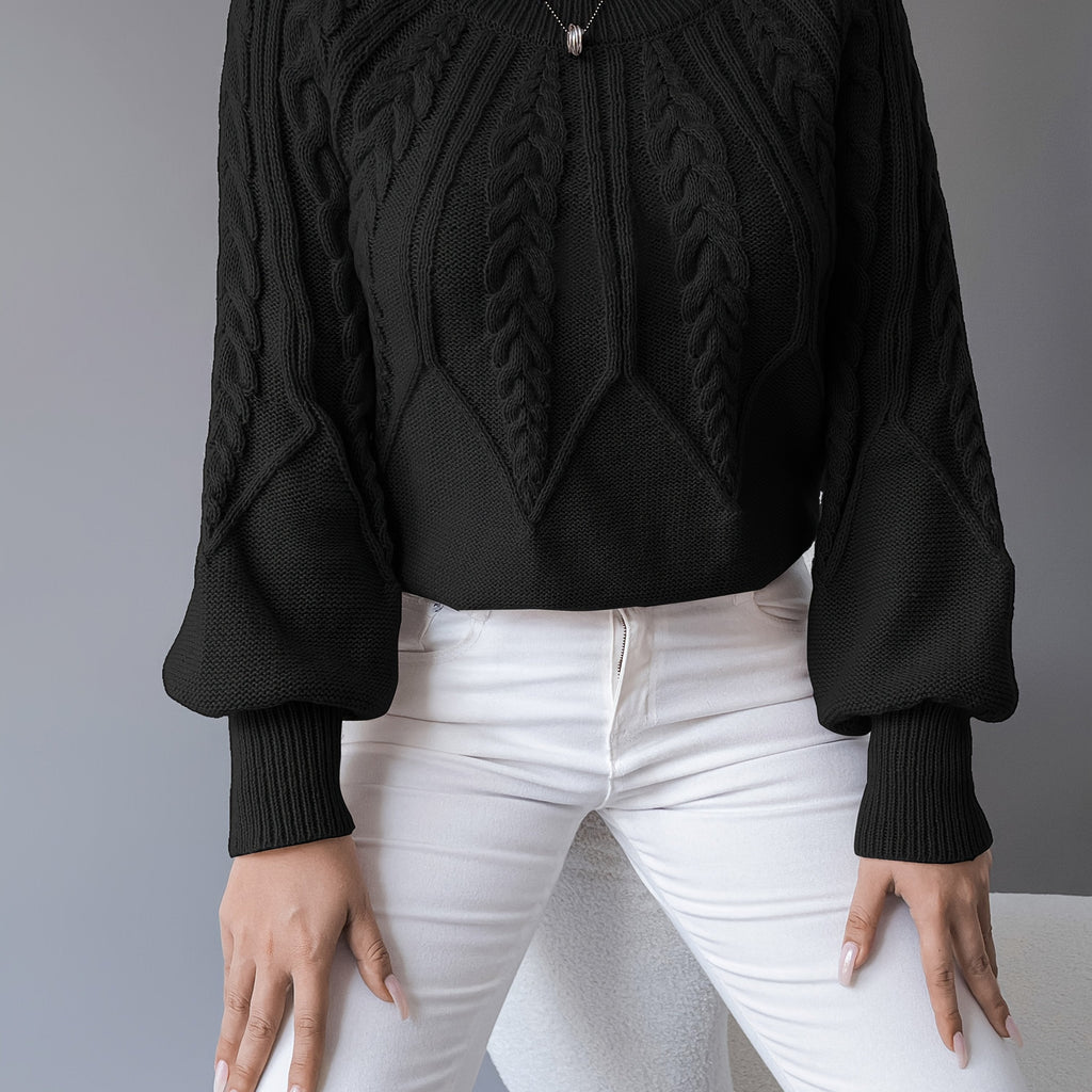 Women's khaki cable knit crew neck sweater with lantern sleeves - view 28