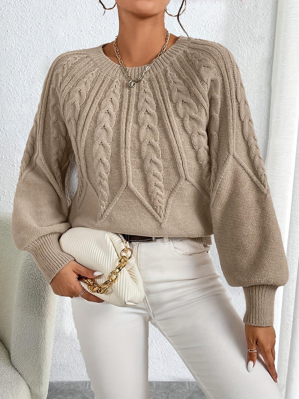 Women's khaki cable knit crew neck sweater with lantern sleeves - view 4