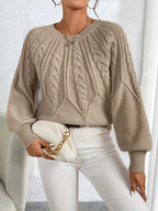 Women's khaki cable knit crew neck sweater with lantern sleeves - view 4